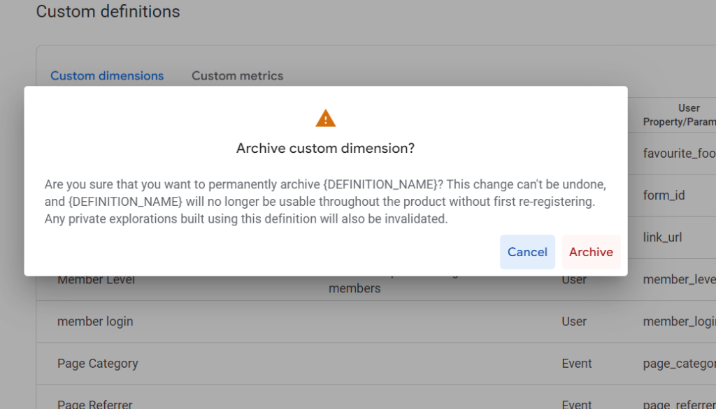 Archive custom dimensions GA4